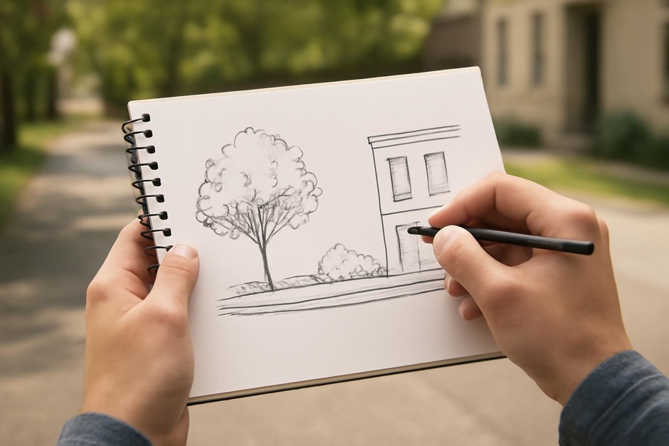 Hand-drawn street section sketch with trees, sidewalk, and building façade